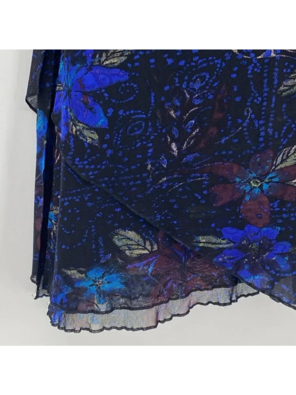 Chicos Layered Mesh Floral Print Midi Skirt Blue Black Womens Size 3 XL Vintage